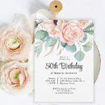 Pink and Beige Watercolor Floral 50th Birthday Invitation<br><div class="desc">A beautifully feminine 50th birthday party invitation to celebrate this special milestone birthday, this design features a lovely bouquet of watercolor poppies, roses, eucalyptus and trailing greenery in pastel beige, pink, green and blue-green. Celebrate the guest of honour in charming style with this unique invitation notch shaped design. Personalise the...</div>
