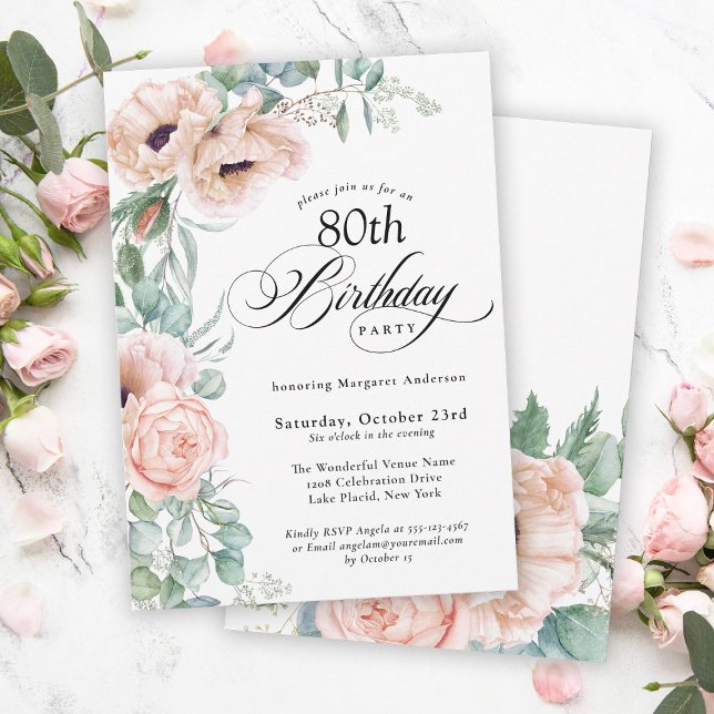 Pink and Beige Watercolor Floral 80th Birthday Invitation (A beautifully feminine party invitation to celebrate a milestone birthday.)