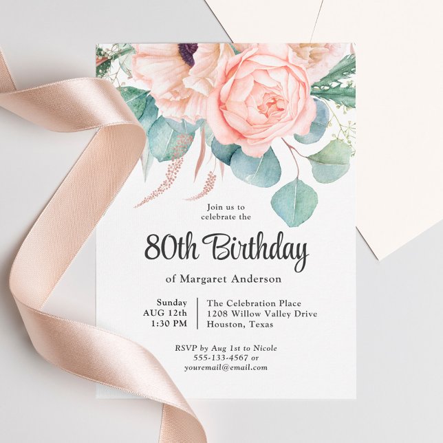 Pink and Beige Watercolor Floral 80th Birthday Invitation (Creator Uploaded)