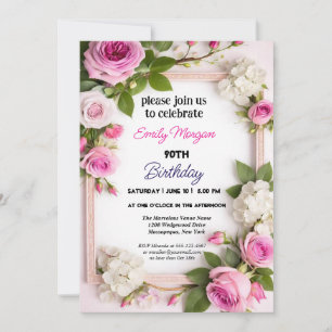 Pink and Beige Watercolor Floral 90th Birthday Invitation