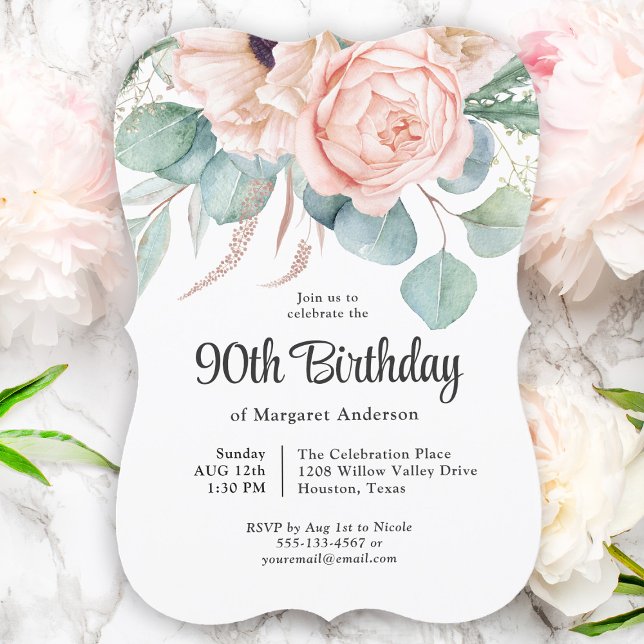 Pink and Beige Watercolor Floral 90th Birthday Invitation (Creator Uploaded)