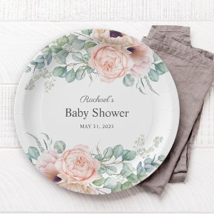 Pink and Beige Watercolor Floral Baby Shower Paper Plate