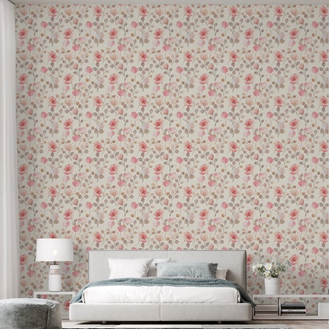 Pink And Beige Watercolor Floral Seamless Pattern Wallpaper (Bedroom)