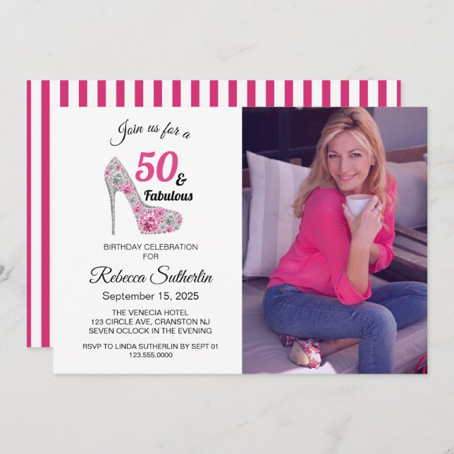 Pink and Black 50 and Fabulous Birthday Party Invitation (Front/Back)