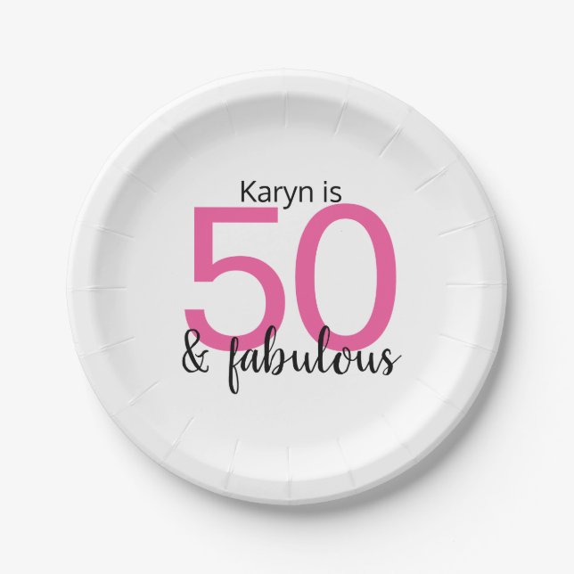 Pink and Black 50 and Fabulous Woman's Birthday Paper Plate (Front)