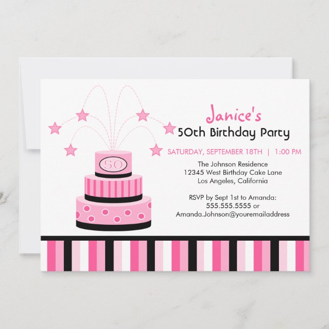 Pink and Black 50th Birthday Cake Party Invitation (Front)