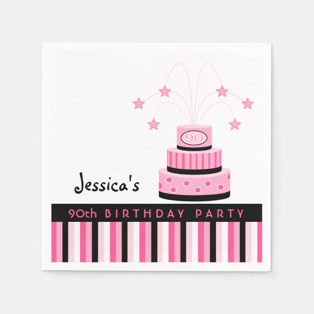 Pink and Black 90th Birthday Cake Party Napkins (Front)