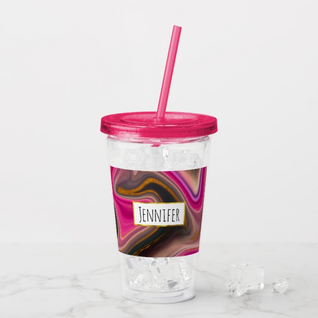 Pink and Black Abstract with Gold Swirls  Acrylic Tumbler (Back Ice)