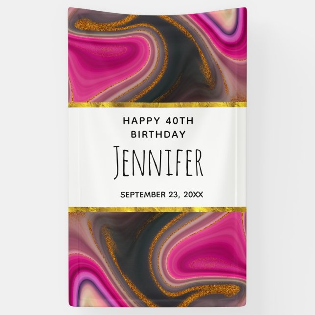 Pink and Black Abstract with Gold Swirls  Banner (Vertical)