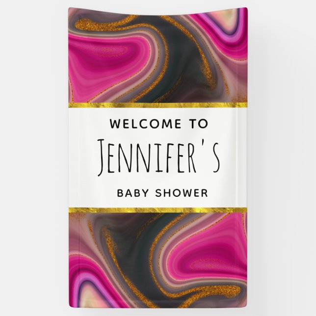 Pink and Black Abstract with Gold Swirls  Banner (Vertical)