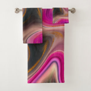 Pink and Black Abstract with Gold Swirls  Bath Towel Set