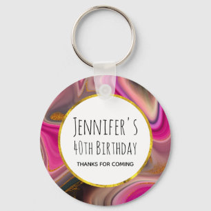 Pink and Black Abstract with Gold Swirls Birthday Key Ring