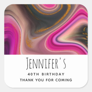 Pink and Black Abstract with Gold Swirls Birthday Square Sticker