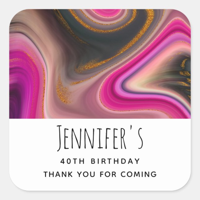 Pink and Black Abstract with Gold Swirls Birthday Square Sticker (Front)