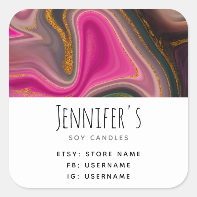 Pink and Black Abstract with Gold Swirls Business Square Sticker (Front)