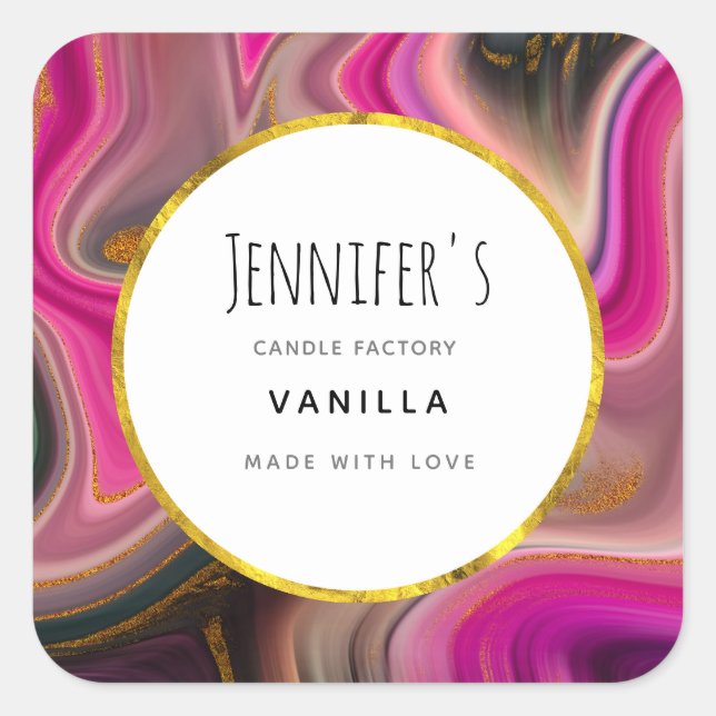 Pink and Black Abstract with Gold Swirls Candle Square Sticker (Front)