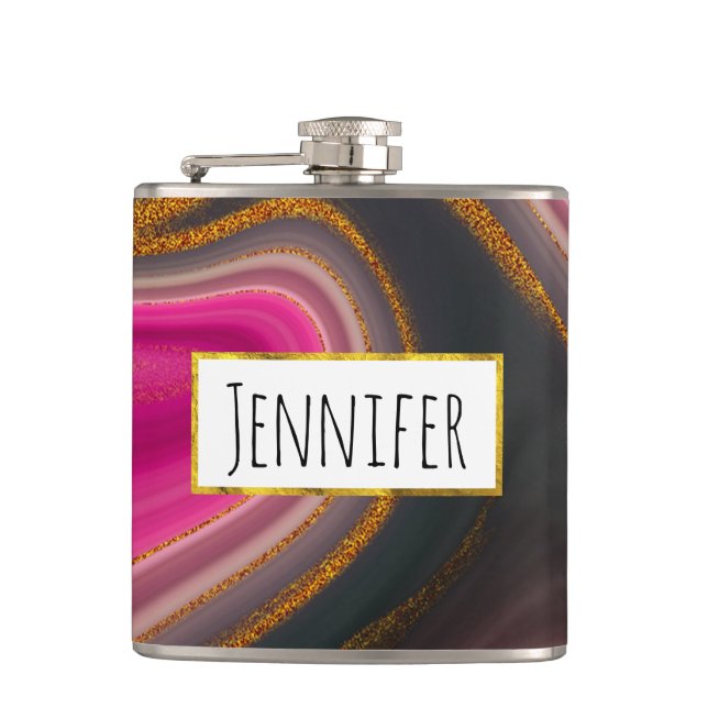  Pink and Black Abstract with Gold Swirls  Hip Flask (Front)