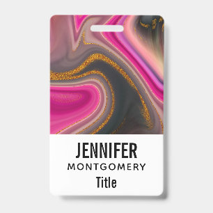 Pink and Black Abstract with Gold Swirls  ID Badge