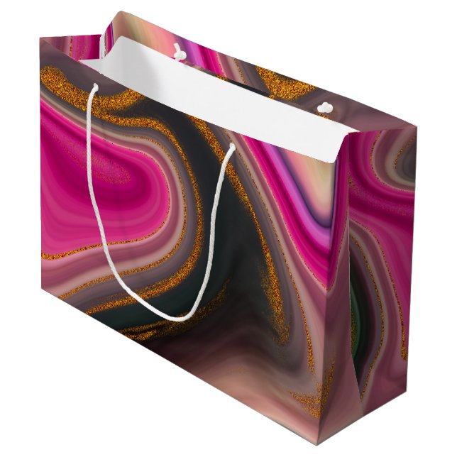 Pink and Black Abstract with Gold Swirls Large Gift Bag (Front Angled)