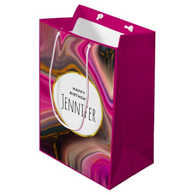 Pink and Black Abstract with Gold Swirls Medium Gift Bag (Front Angled)