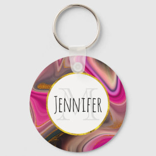 Pink and Black Abstract with Gold Swirls Monogram Key Ring