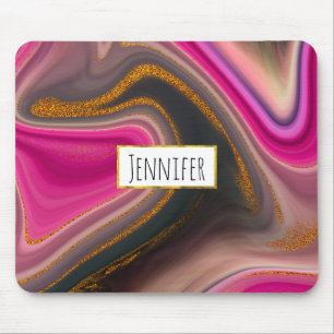 Pink and Black Abstract with Gold Swirls Mouse Mat