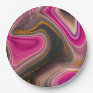 Pink and Black Abstract with Gold Swirls  Paper Plate