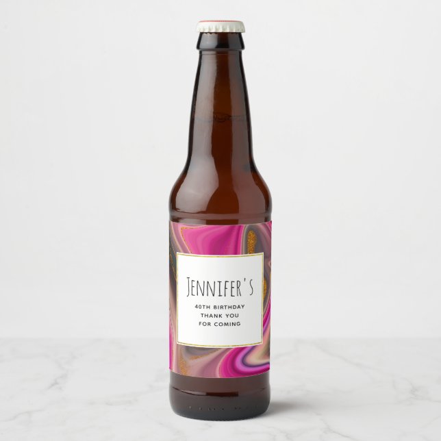 Pink and Black Abstract with Gold Swirls Party Beer Bottle Label (Front)