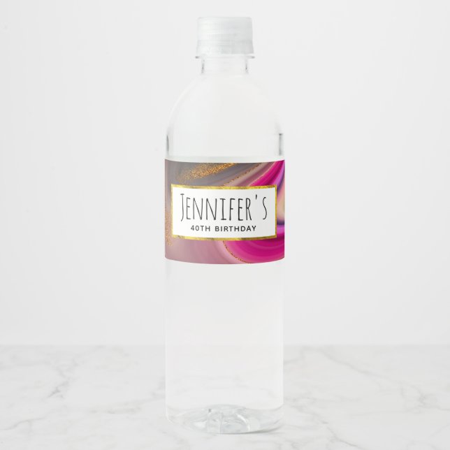 Pink and Black Abstract with Gold Swirls Party  Water Bottle Label (Front)