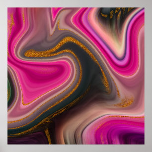 Pink and Black Abstract with Gold Swirls  Poster