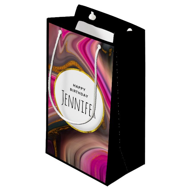 Pink and Black Abstract with Gold Swirls  Small Gift Bag (Front Angled)