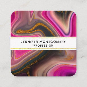 Pink and Black Abstract with Gold Swirls Square Business Card