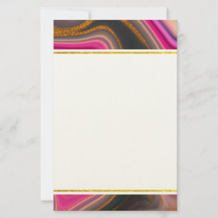 Pink and Black Abstract with Gold Swirls Stationery