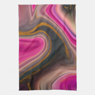 Pink and Black Abstract with Gold Swirls Tea Towel