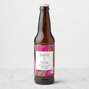 Pink and Black Abstract with Gold Swirls Wedding Beer Bottle Label