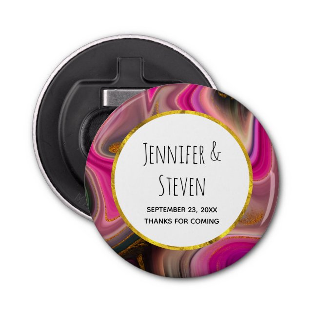 Pink and Black Abstract with Gold Swirls Wedding Bottle Opener (Front)