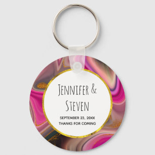 Pink and Black Abstract with Gold Swirls Wedding Key Ring