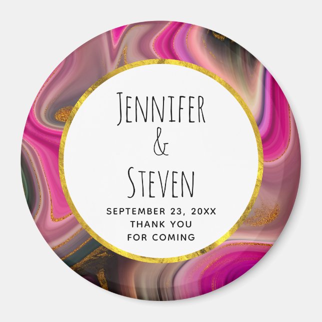 Pink and Black Abstract with Gold Swirls Wedding Magnet (Front)