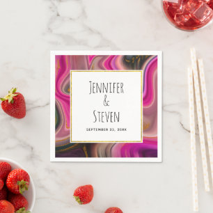 Pink and Black Abstract with Gold Swirls Wedding Napkin