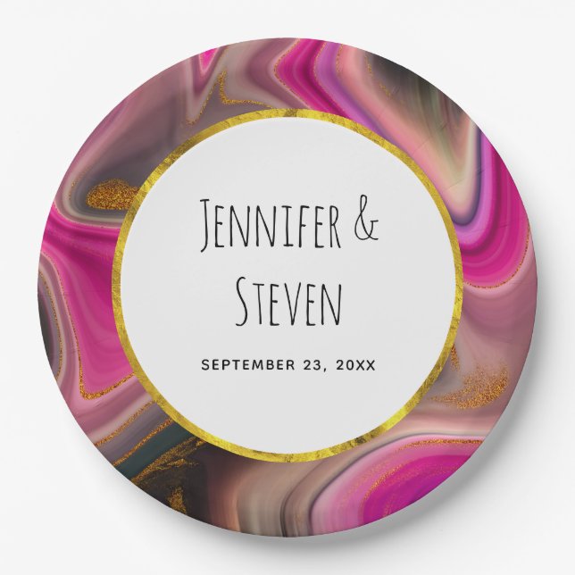 Pink and Black Abstract with Gold Swirls Wedding Paper Plate (Front)
