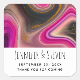 Pink and Black Abstract with Gold Swirls Wedding Square Sticker