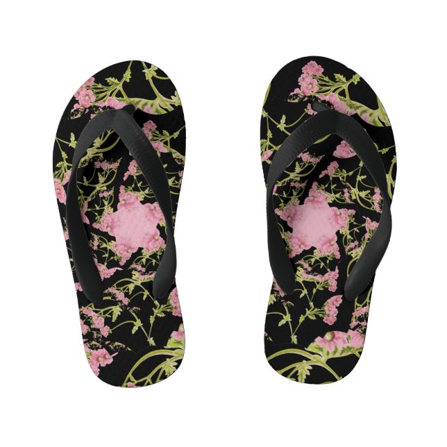 Pink and black Achillea fractal art Kid's Flip Flops (Footbed)