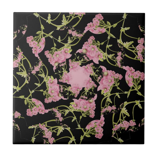 Pink and black Achillea fractal art Tile (Front)