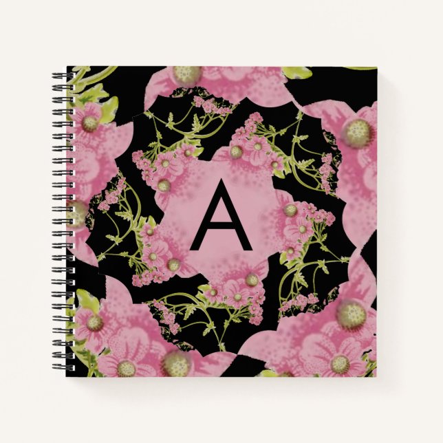 Pink and black Achillea Monogram Notebook (Front)