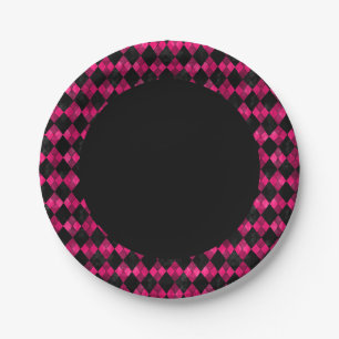 Pink and Black Argyle Chequered Party Paper Plate