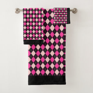 Pink And Black Argyle Pattern Bath Towel Set