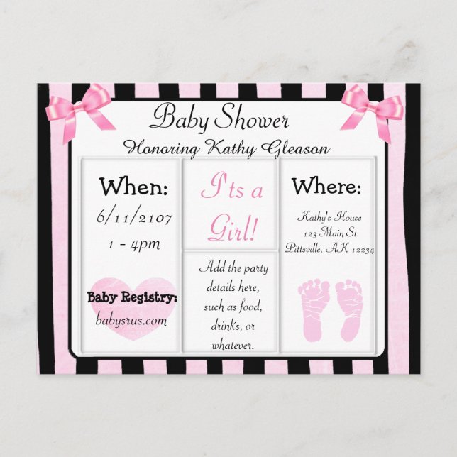 Pink and Black Baby Shower Invitation Postcard (Front)