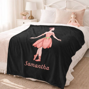 Pink and Black Ballerina with Name Fleece Blanket