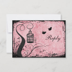 Pink and Black Birdcage Lovebirds Reply Card