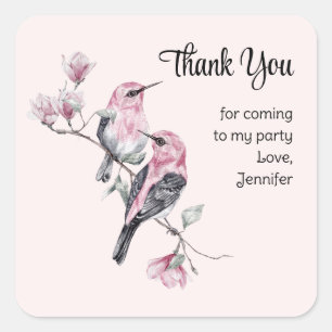 Pink and Black Birds on a Branch Party Thank You Square Sticker